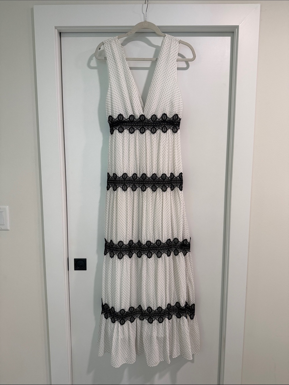 White Maxi Dress with Black Lace Bands